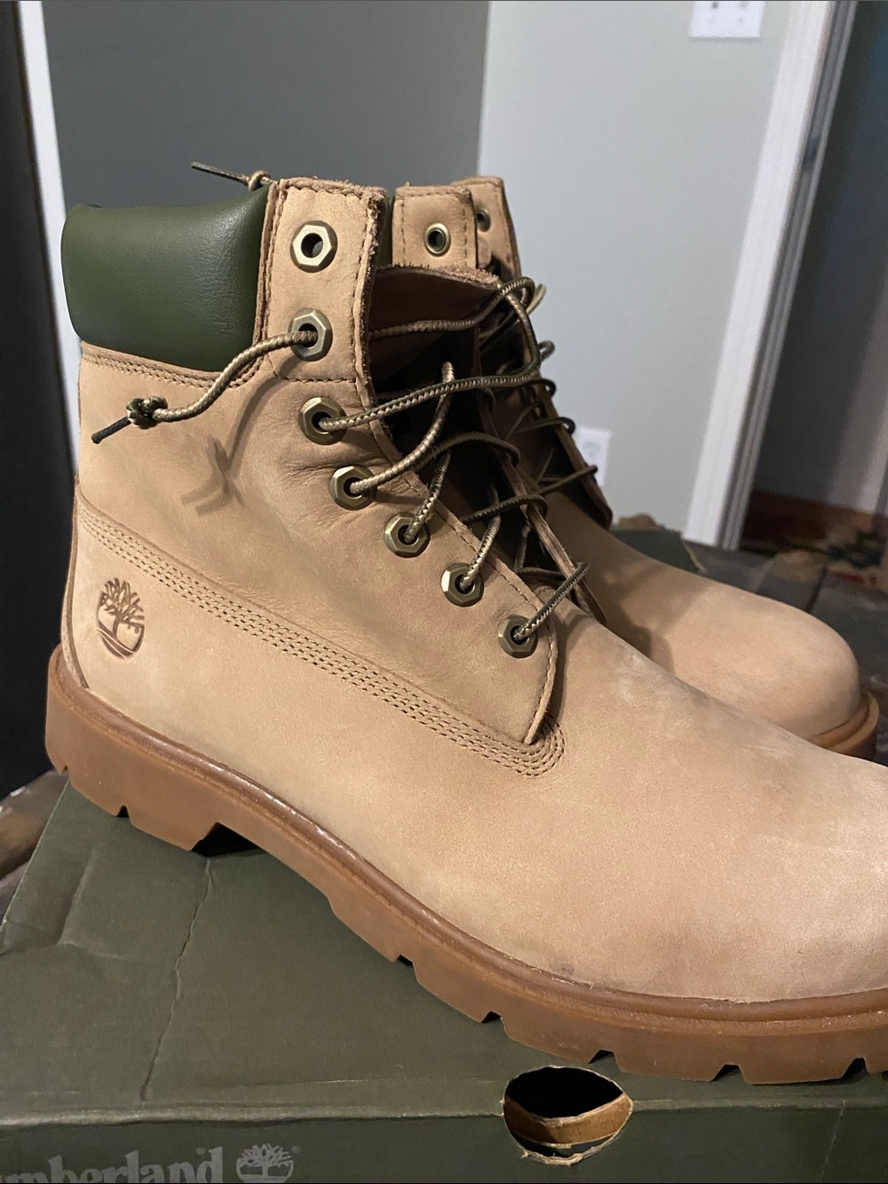 Timberland Men's Tan Nubuck Boots with Olive Collar